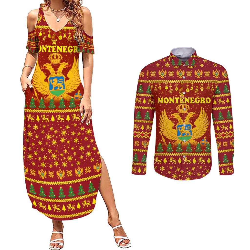 Montenegro Christmas Couples Matching Summer Maxi Dress and Long Sleeve Button Shirt with Red-Gold Theme, Double-Headed Eagle, and Santa Motif - Wonder Print Shop