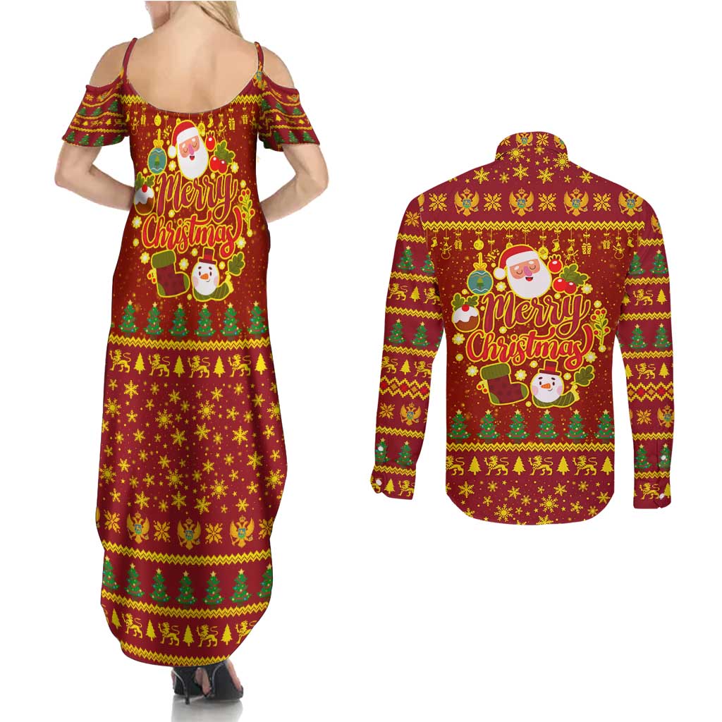 Montenegro Christmas Couples Matching Summer Maxi Dress and Long Sleeve Button Shirt with Red-Gold Theme, Double-Headed Eagle, and Santa Motif - Wonder Print Shop