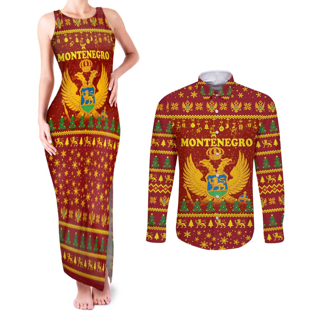 Montenegro Christmas Couples Matching Tank Maxi Dress and Long Sleeve Button Shirt with Red-Gold Theme, Double-Headed Eagle, and Santa Motif - Wonder Print Shop
