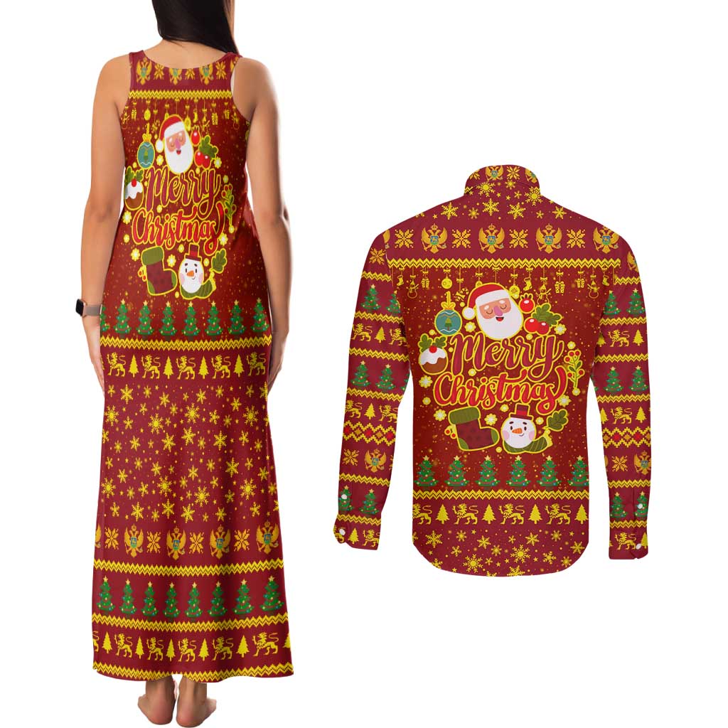 Montenegro Christmas Couples Matching Tank Maxi Dress and Long Sleeve Button Shirt with Red-Gold Theme, Double-Headed Eagle, and Santa Motif - Wonder Print Shop