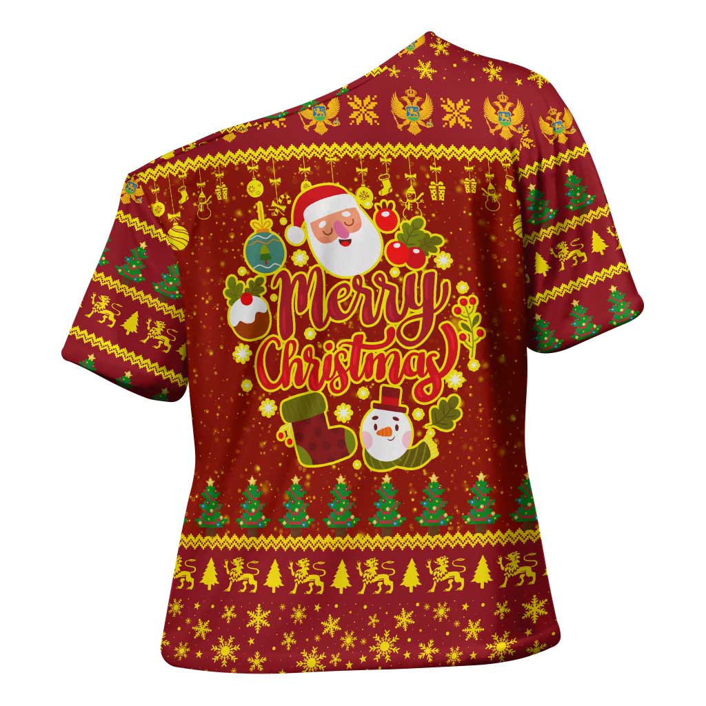 Montenegro Christmas Cross Shoulder Shirt with Red-Gold Theme, Double-Headed Eagle, and Santa Motif - Wonder Print Shop