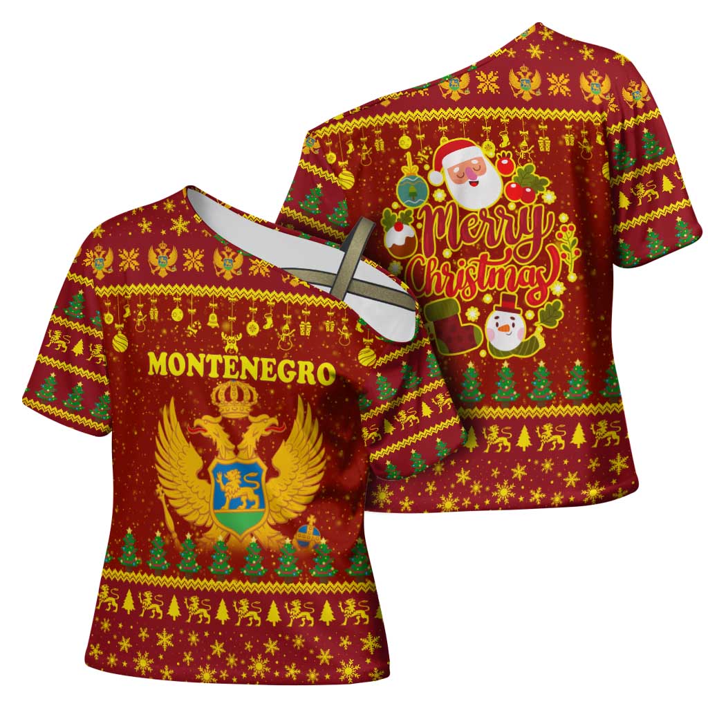 Montenegro Christmas Cross Shoulder Shirt with Red-Gold Theme, Double-Headed Eagle, and Santa Motif - Wonder Print Shop
