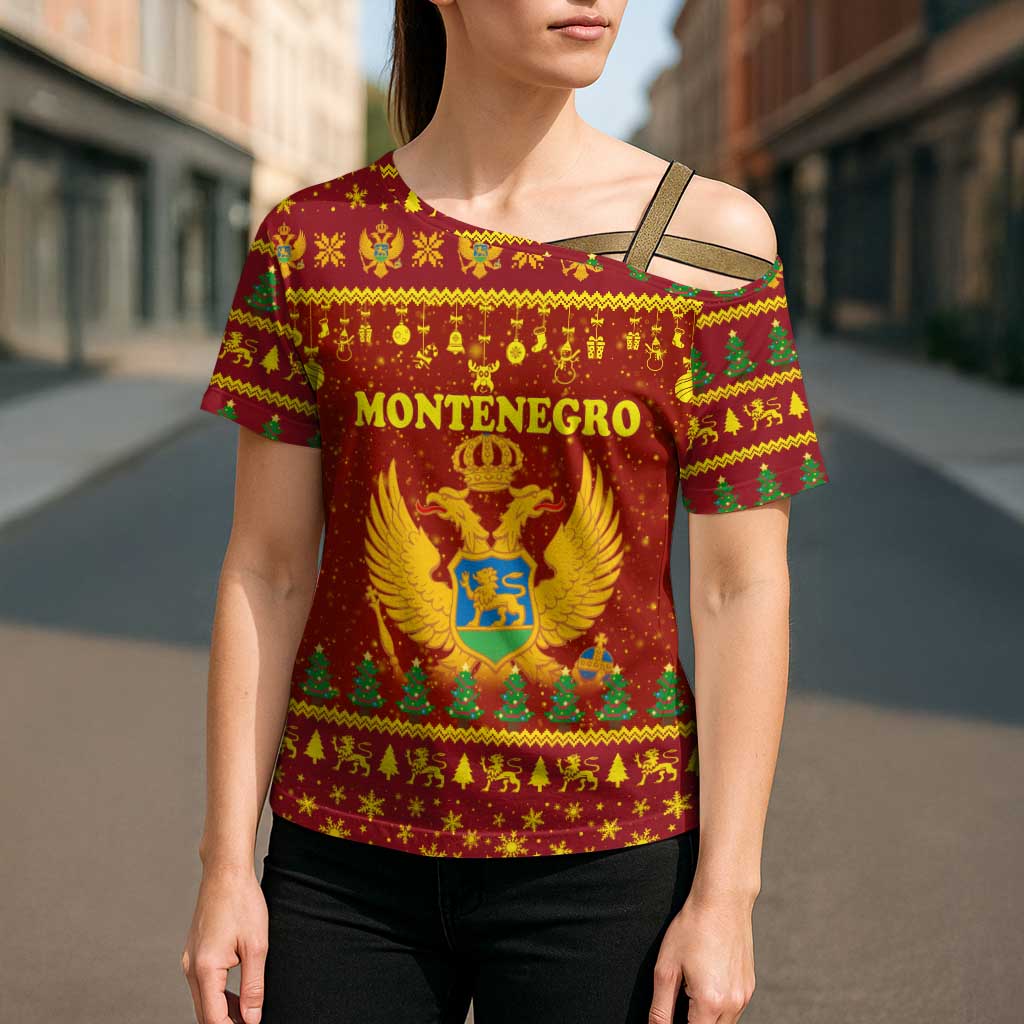 Montenegro Christmas Cross Shoulder Shirt with Red-Gold Theme, Double-Headed Eagle, and Santa Motif - Wonder Print Shop