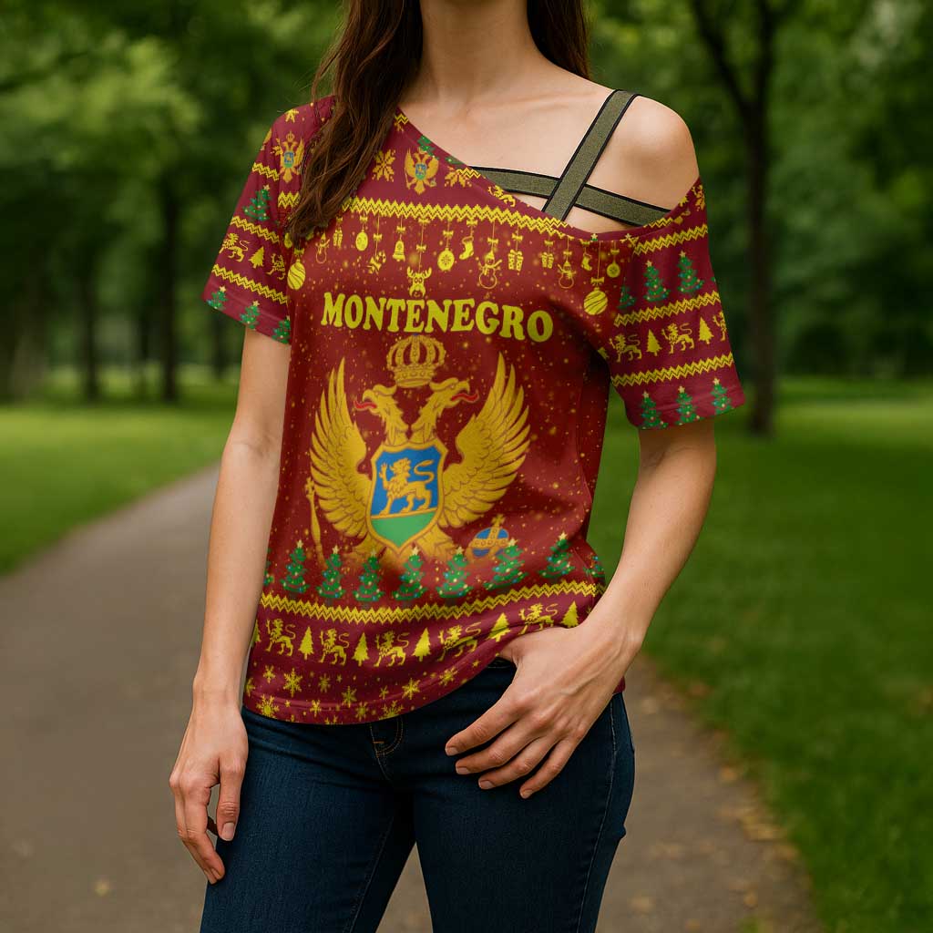 Montenegro Christmas Cross Shoulder Shirt with Red-Gold Theme, Double-Headed Eagle, and Santa Motif - Wonder Print Shop