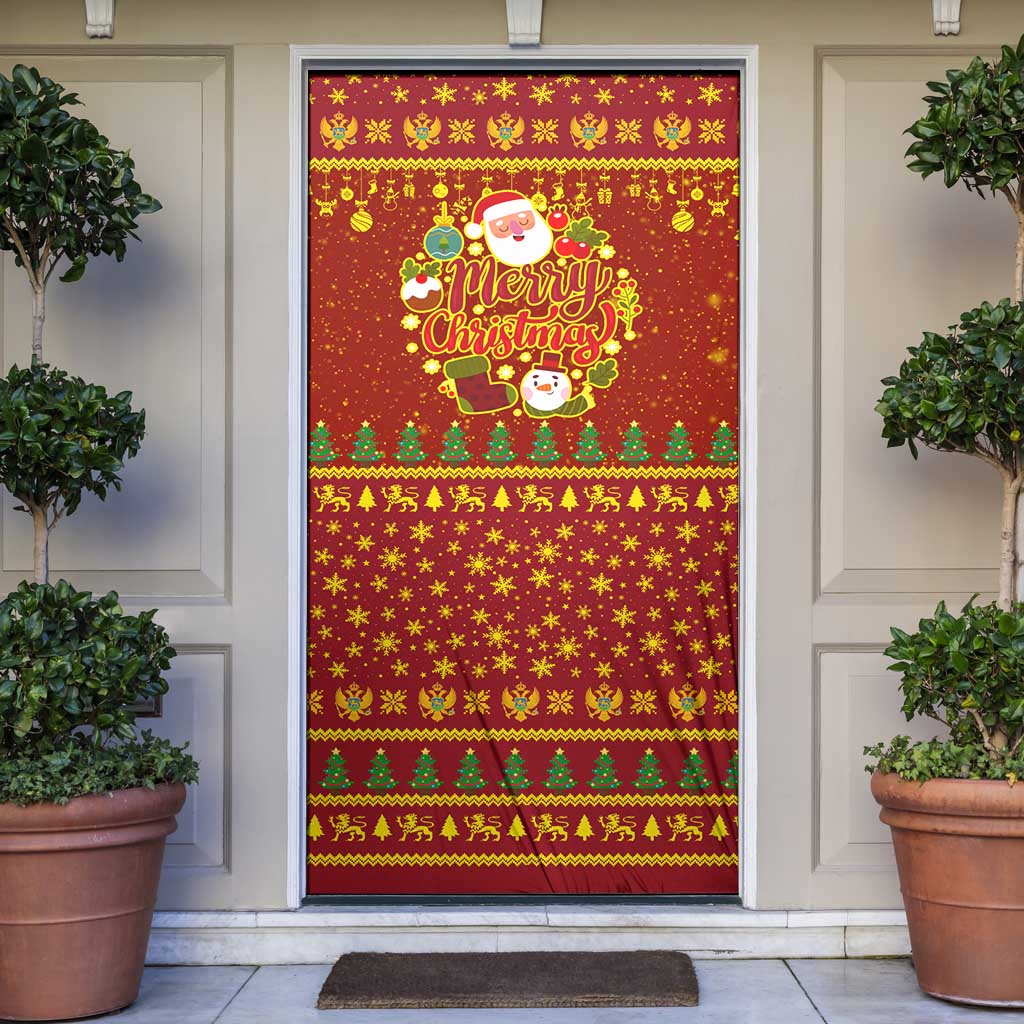 Montenegro Christmas Door Cover with Red-Gold Theme, Double-Headed Eagle, and Santa Motif - Wonder Print Shop