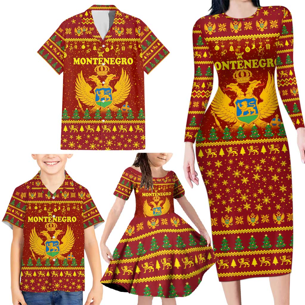 Montenegro Christmas Family Matching Long Sleeve Bodycon Dress and Hawaiian Shirt with Red-Gold Theme, Double-Headed Eagle, and Santa Motif - Wonder Print Shop