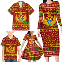Montenegro Christmas Family Matching Long Sleeve Bodycon Dress and Hawaiian Shirt with Red-Gold Theme, Double-Headed Eagle, and Santa Motif - Wonder Print Shop