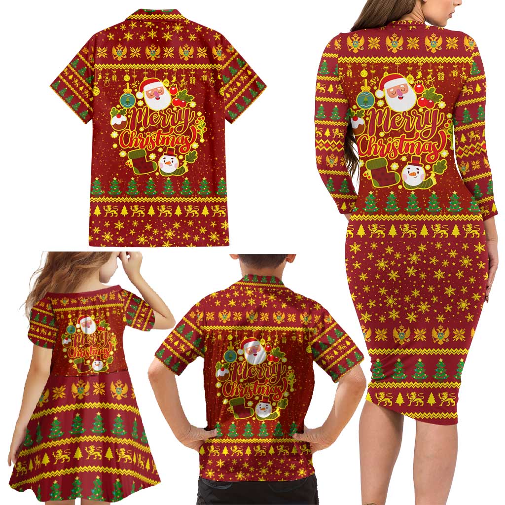 Montenegro Christmas Family Matching Long Sleeve Bodycon Dress and Hawaiian Shirt with Red-Gold Theme, Double-Headed Eagle, and Santa Motif - Wonder Print Shop