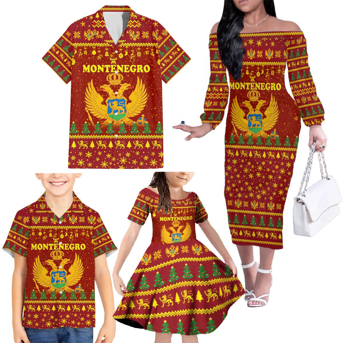Montenegro Christmas Family Matching Off The Shoulder Long Sleeve Dress and Hawaiian Shirt with Red-Gold Theme, Double-Headed Eagle, and Santa Motif - Wonder Print Shop