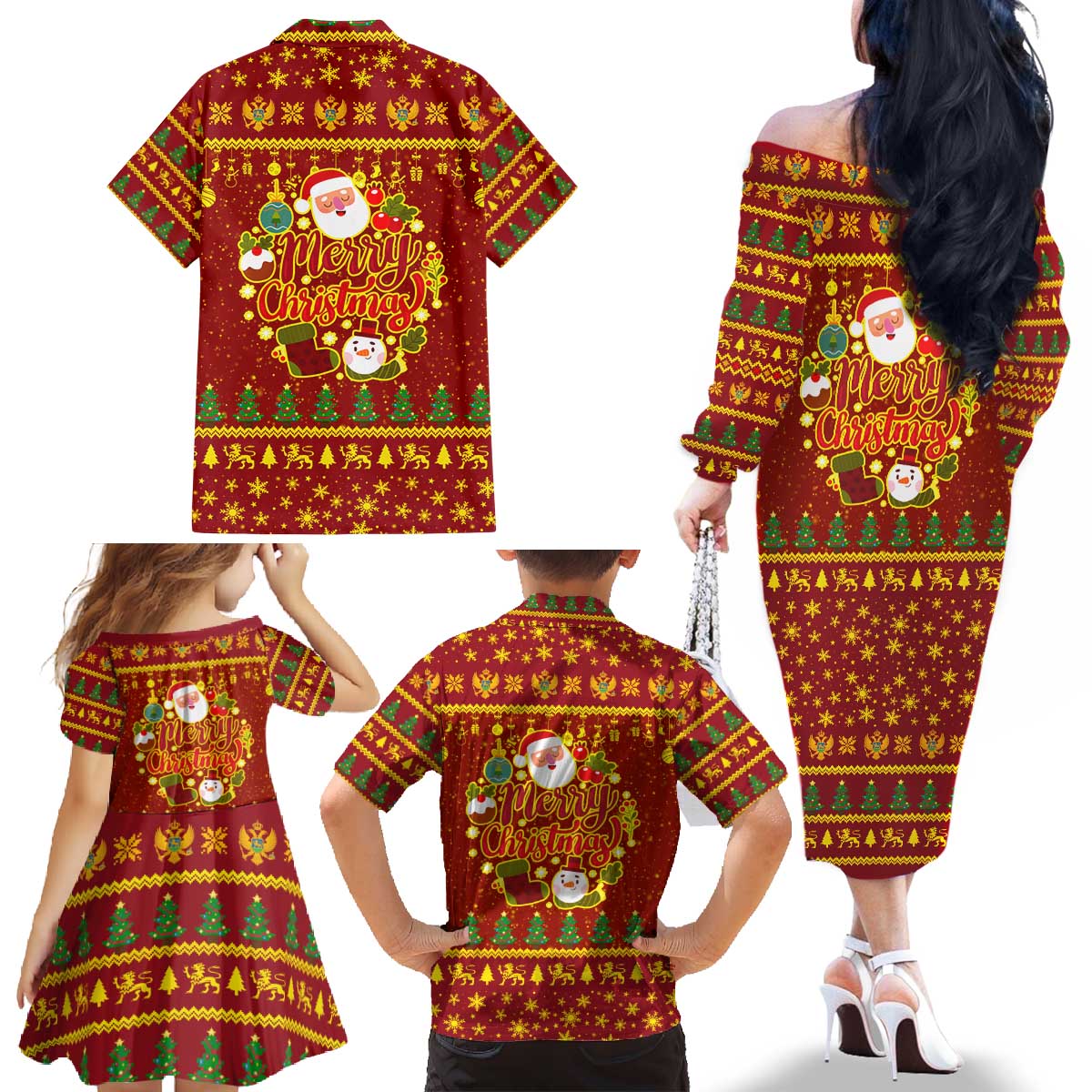 Montenegro Christmas Family Matching Off The Shoulder Long Sleeve Dress and Hawaiian Shirt with Red-Gold Theme, Double-Headed Eagle, and Santa Motif - Wonder Print Shop
