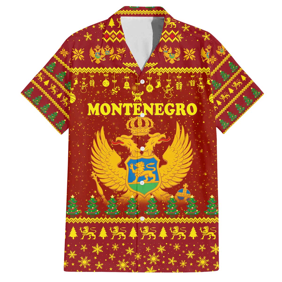 Montenegro Christmas Family Matching Off The Shoulder Long Sleeve Dress and Hawaiian Shirt with Red-Gold Theme, Double-Headed Eagle, and Santa Motif - Wonder Print Shop
