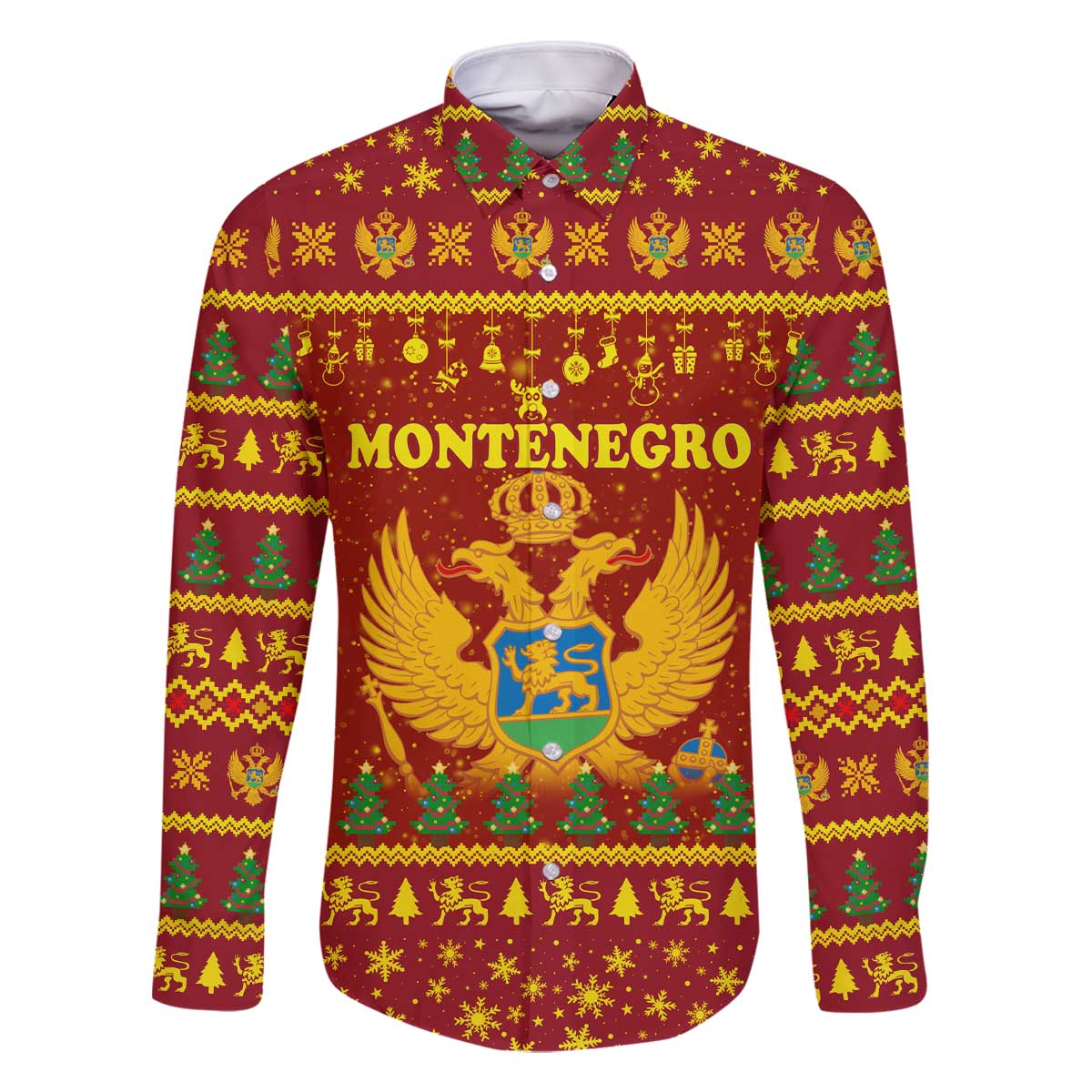 Montenegro Christmas Family Matching Off The Shoulder Long Sleeve Dress and Hawaiian Shirt with Red-Gold Theme, Double-Headed Eagle, and Santa Motif - Wonder Print Shop