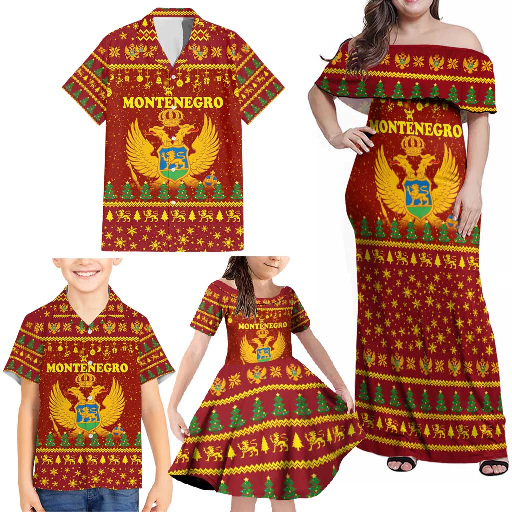 Montenegro Christmas Family Matching Off Shoulder Maxi Dress and Hawaiian Shirt with Red-Gold Theme, Double-Headed Eagle, and Santa Motif - Wonder Print Shop