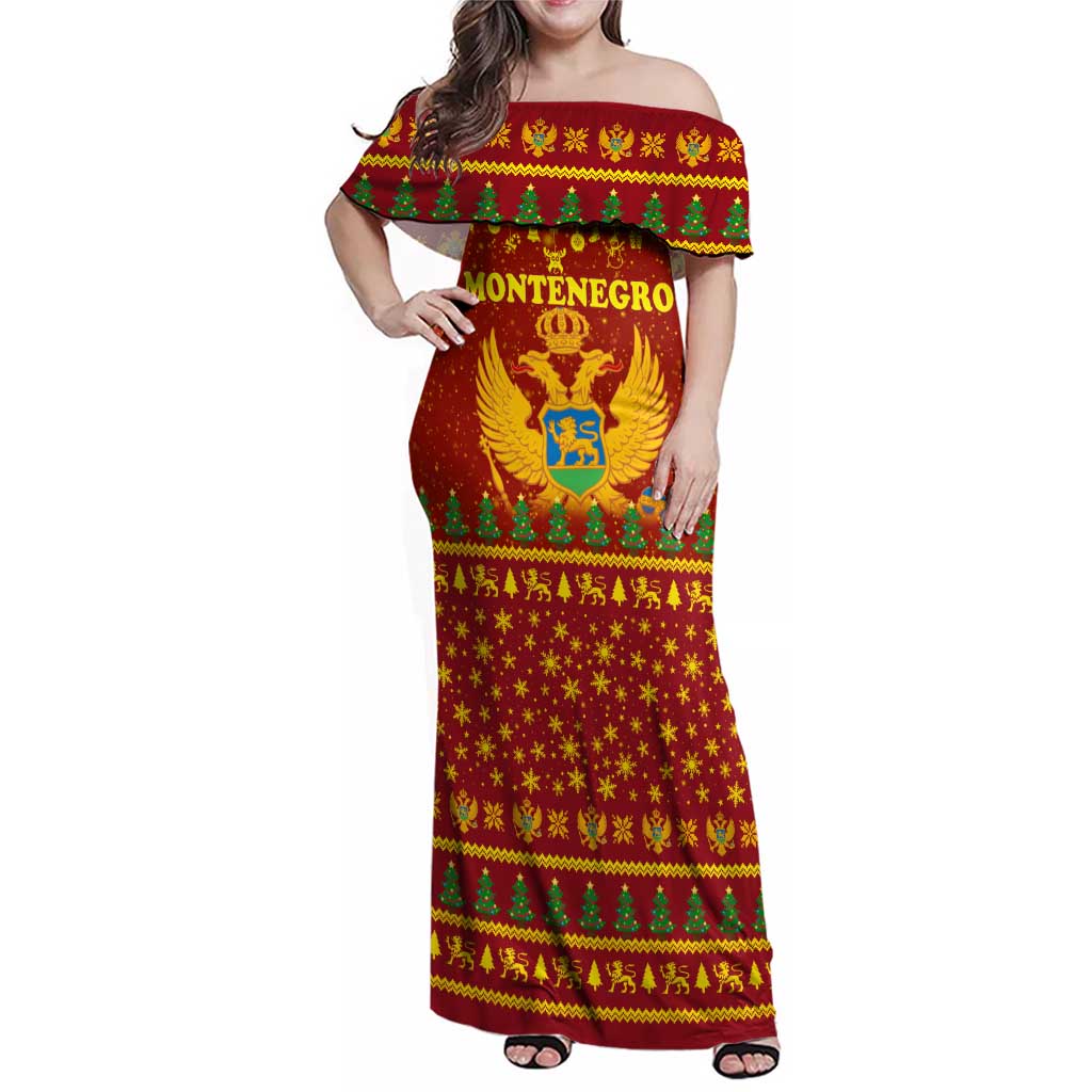 Montenegro Christmas Family Matching Off Shoulder Maxi Dress and Hawaiian Shirt with Red-Gold Theme, Double-Headed Eagle, and Santa Motif - Wonder Print Shop