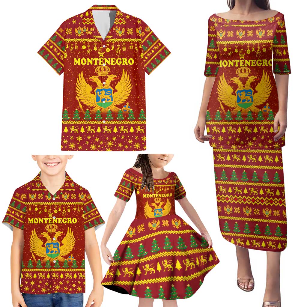 Montenegro Christmas Family Matching Puletasi and Hawaiian Shirt with Red-Gold Theme, Double-Headed Eagle, and Santa Motif - Wonder Print Shop