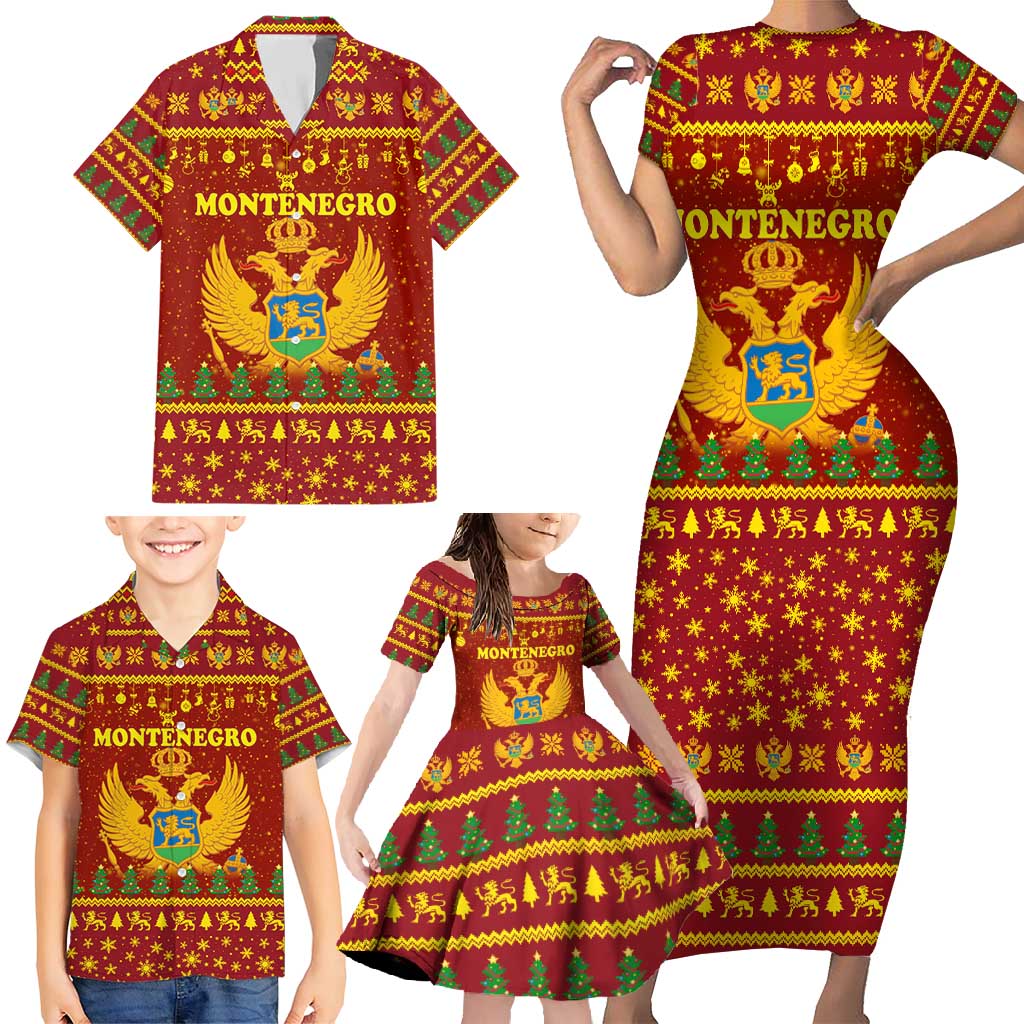 Montenegro Christmas Family Matching Short Sleeve Bodycon Dress and Hawaiian Shirt with Red-Gold Theme, Double-Headed Eagle, and Santa Motif - Wonder Print Shop