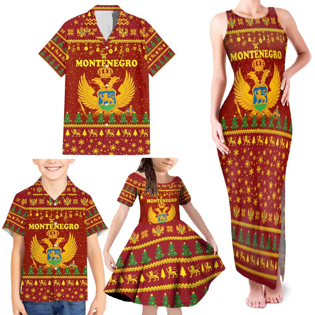 Montenegro Christmas Family Matching Tank Maxi Dress and Hawaiian Shirt with Red-Gold Theme, Double-Headed Eagle, and Santa Motif - Wonder Print Shop
