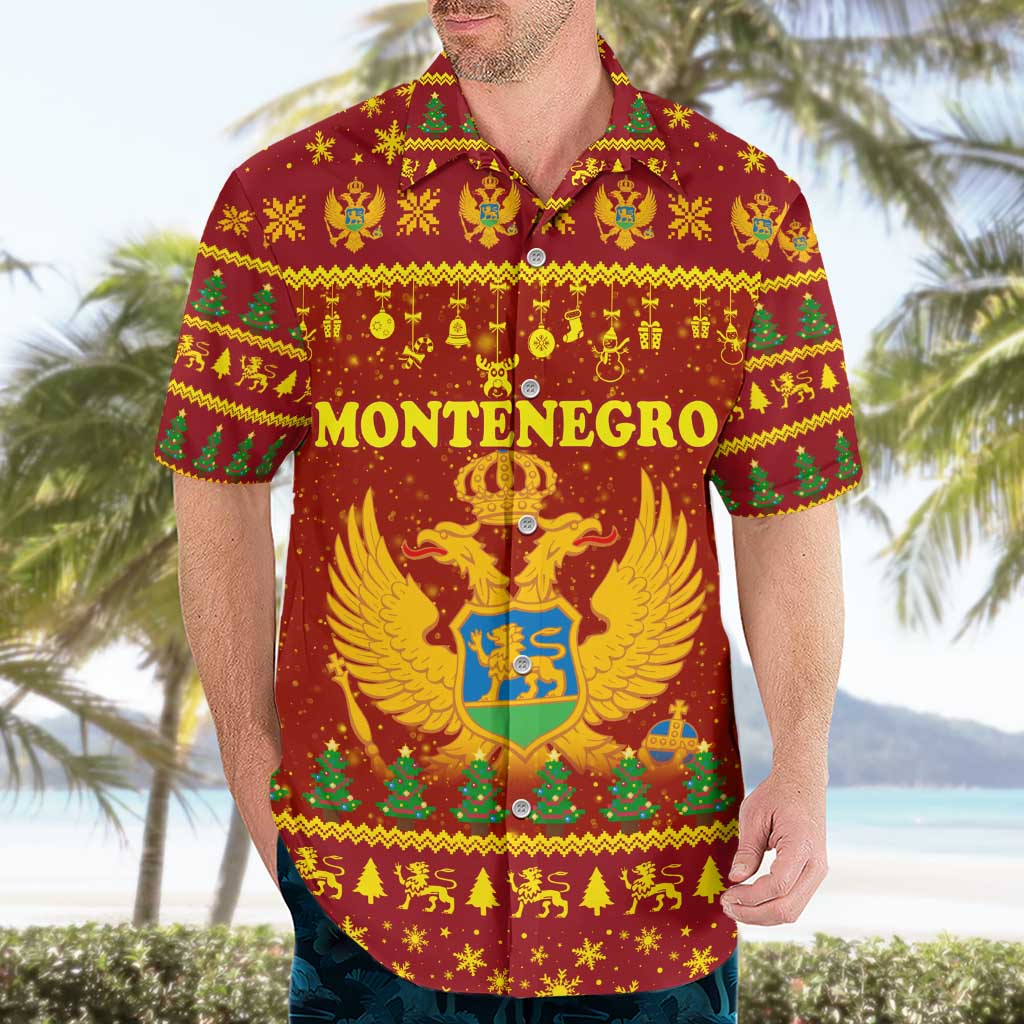 Montenegro Christmas Hawaiian Shirt with Red-Gold Theme, Double-Headed Eagle, and Santa Motif - Wonder Print Shop