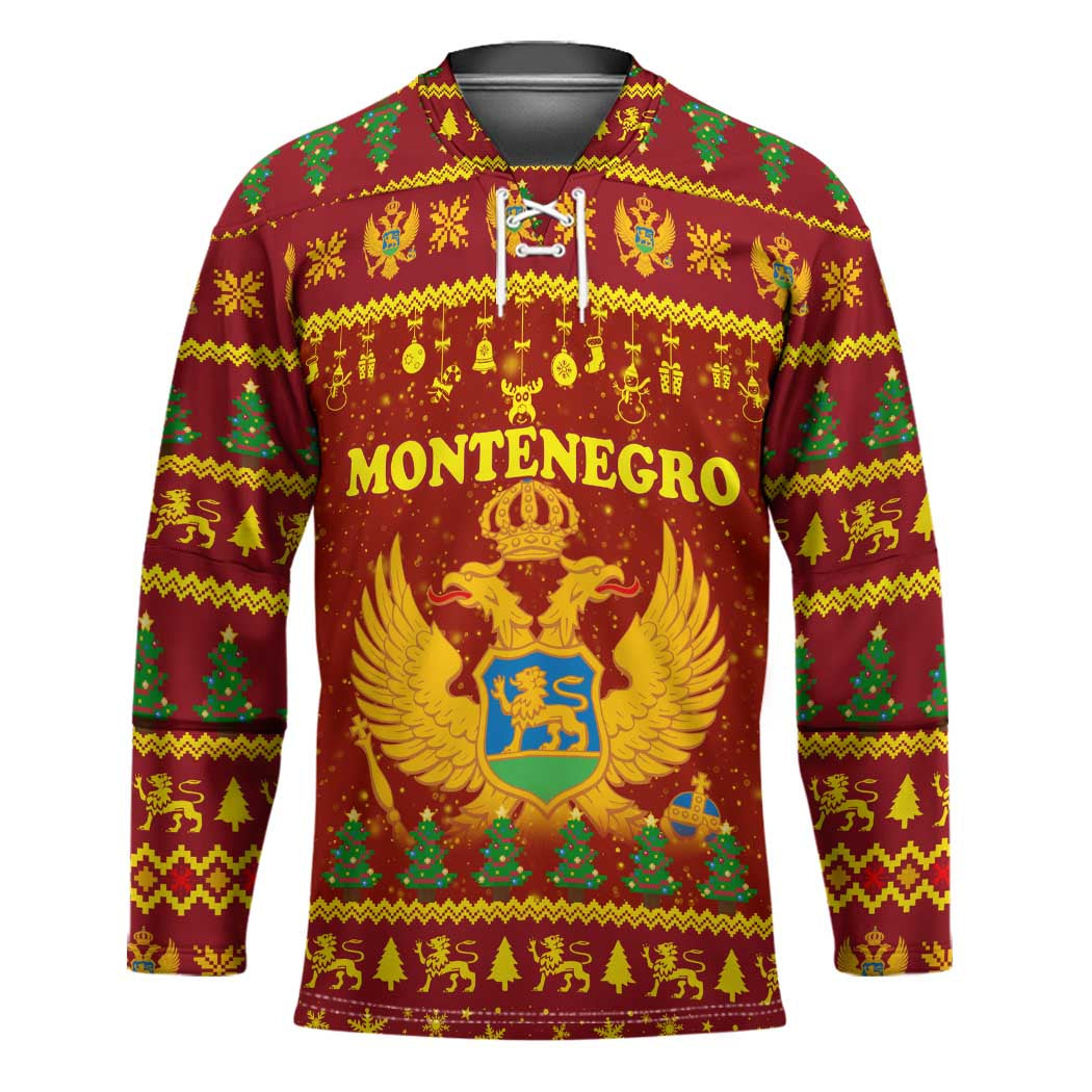Montenegro Christmas Hockey Jersey with Red-Gold Theme, Double-Headed Eagle, and Santa Motif - Wonder Print Shop