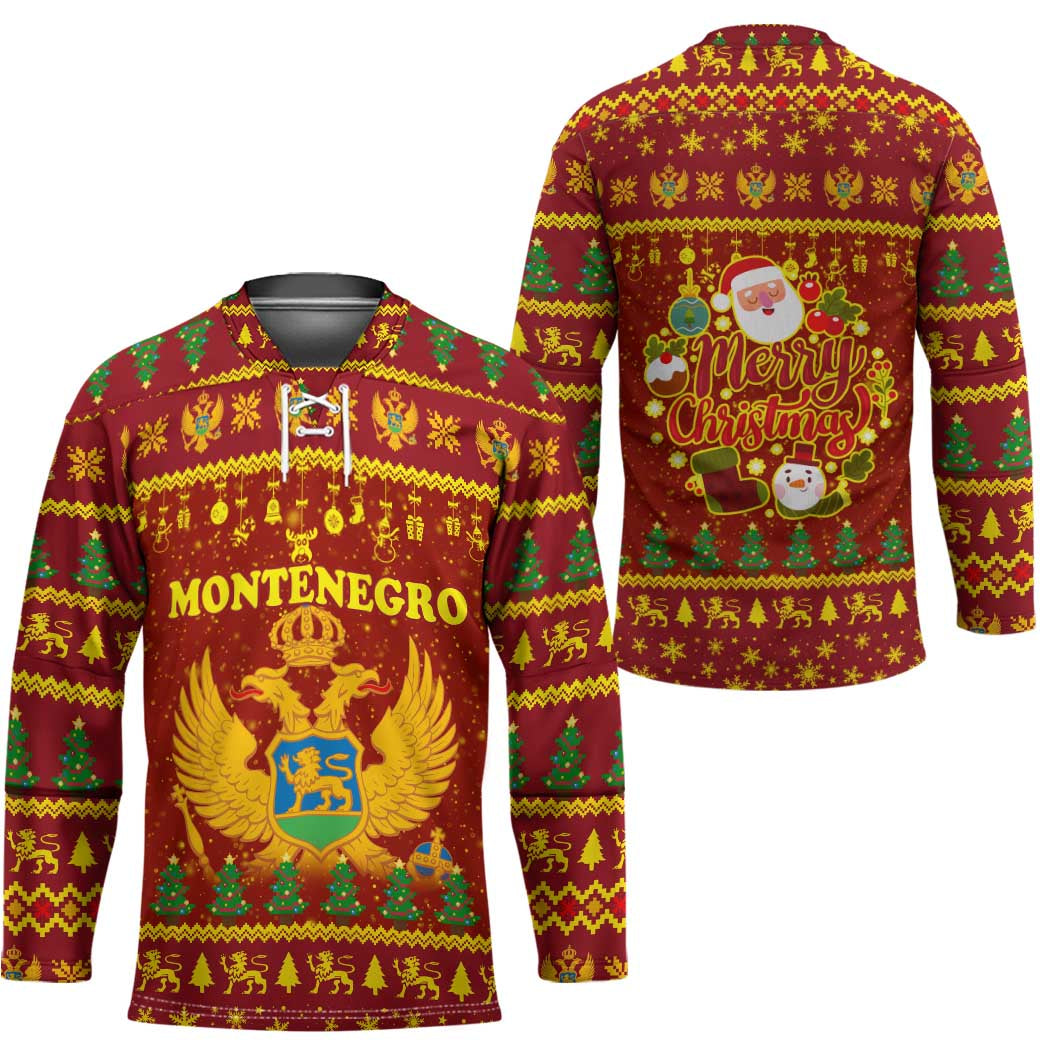 Montenegro Christmas Hockey Jersey with Red-Gold Theme, Double-Headed Eagle, and Santa Motif - Wonder Print Shop