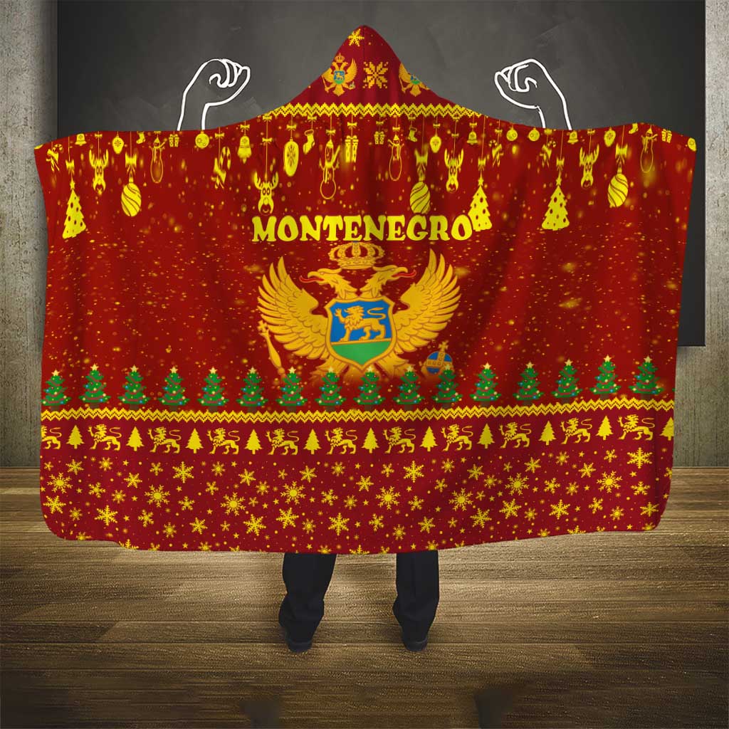 Montenegro Christmas Hooded Blanket with Red-Gold Theme, Double-Headed Eagle, and Santa Motif - Wonder Print Shop