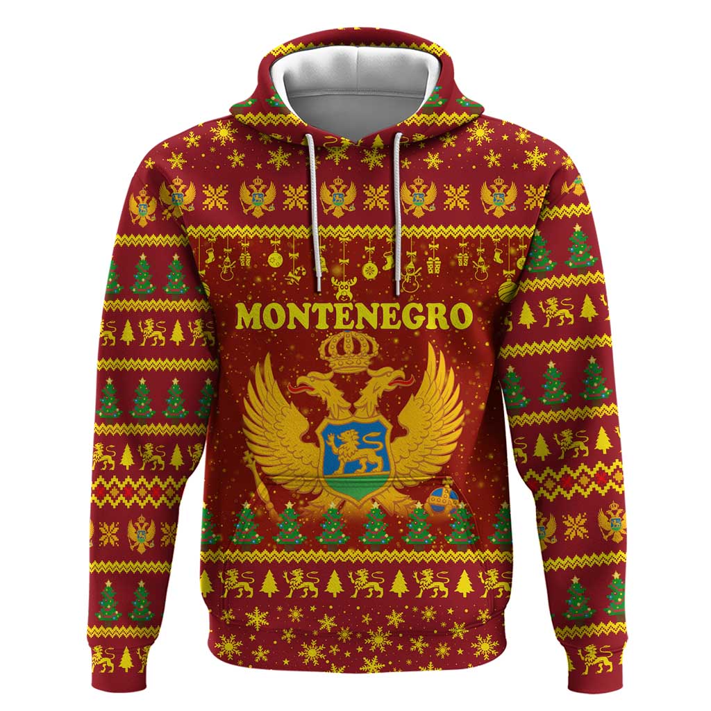 Montenegro Christmas Hoodie with Red-Gold Theme, Double-Headed Eagle, and Santa Motif - Wonder Print Shop