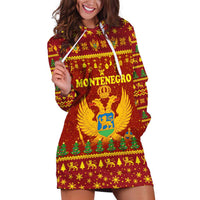 Montenegro Christmas Hoodie Dress with Red-Gold Theme, Double-Headed Eagle, and Santa Motif - Wonder Print Shop