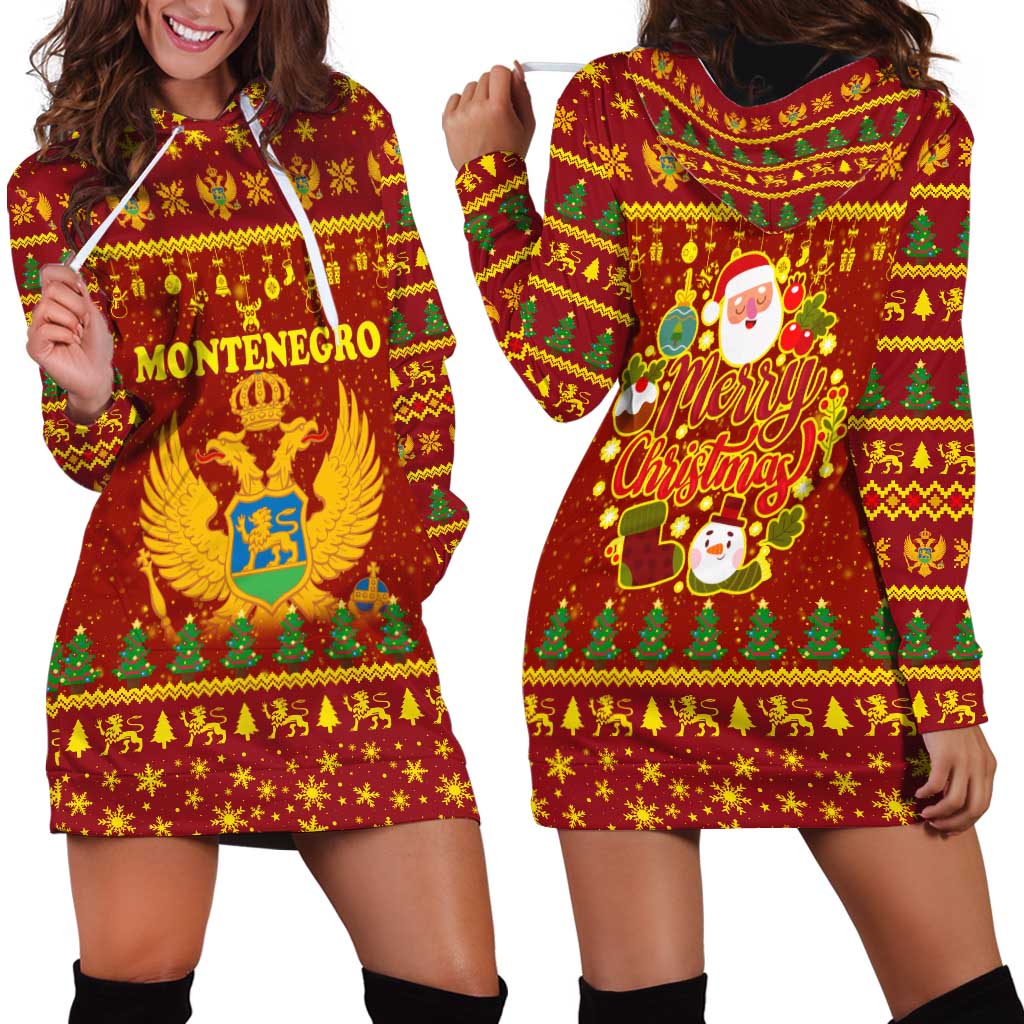 Montenegro Christmas Hoodie Dress with Red-Gold Theme, Double-Headed Eagle, and Santa Motif - Wonder Print Shop