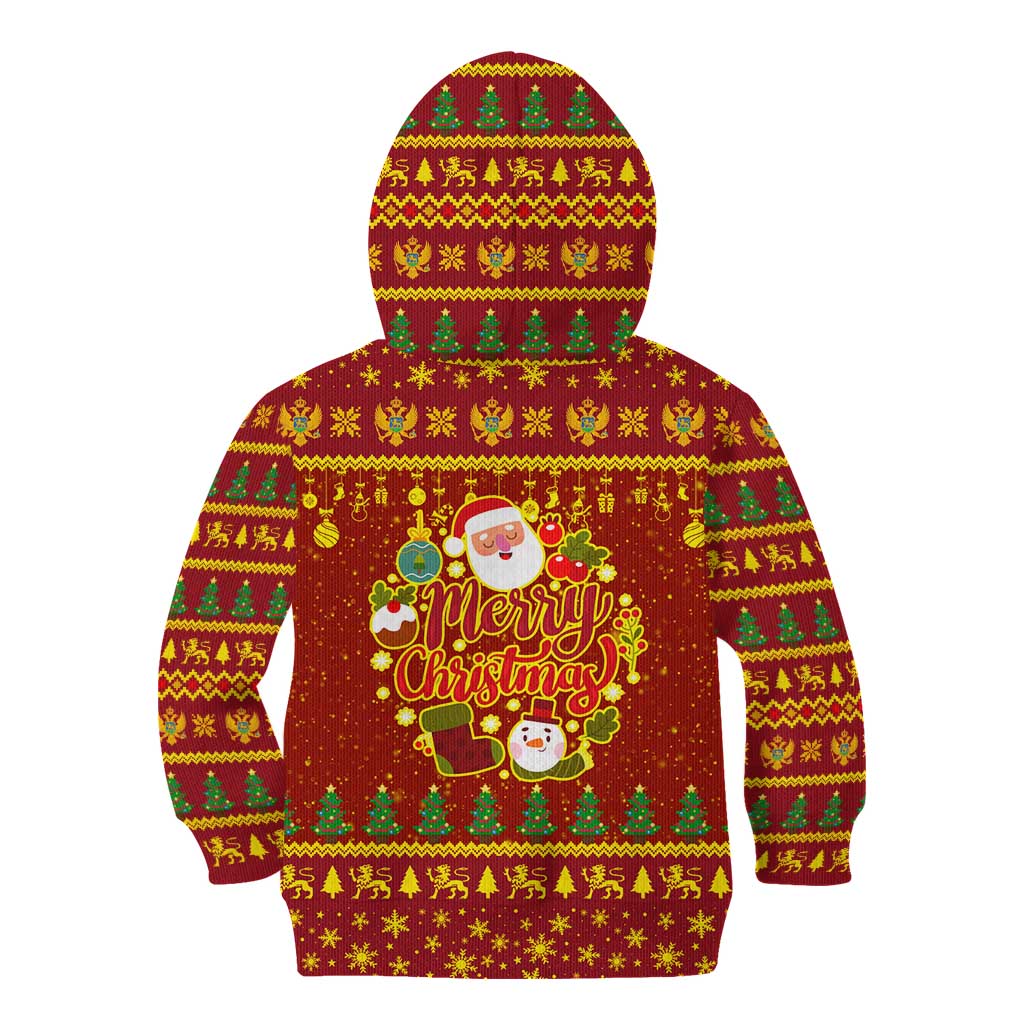 Montenegro Christmas Kid Hoodie with Red-Gold Theme, Double-Headed Eagle, and Santa Motif - Wonder Print Shop