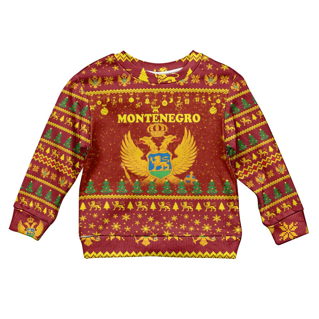 Montenegro Christmas Kid Ugly Christmas Sweater with Red-Gold Theme, Double-Headed Eagle, and Santa Motif - Wonder Print Shop