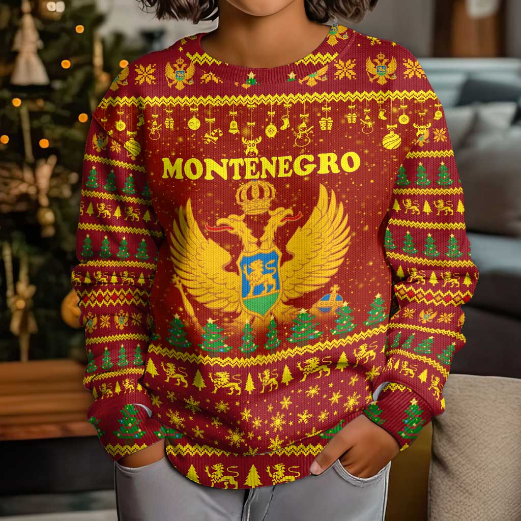 Montenegro Christmas Kid Ugly Christmas Sweater with Red-Gold Theme, Double-Headed Eagle, and Santa Motif - Wonder Print Shop