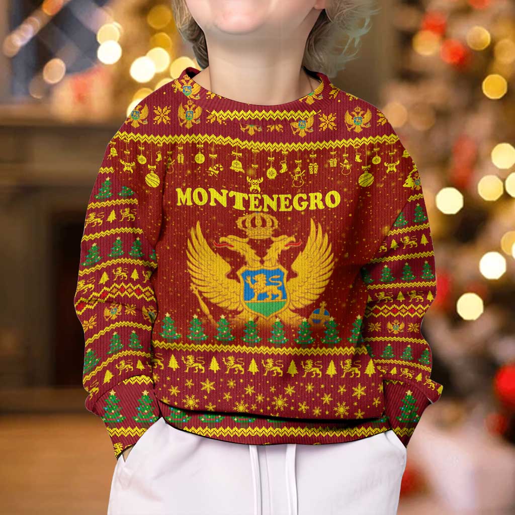 Montenegro Christmas Kid Ugly Christmas Sweater with Red-Gold Theme, Double-Headed Eagle, and Santa Motif - Wonder Print Shop