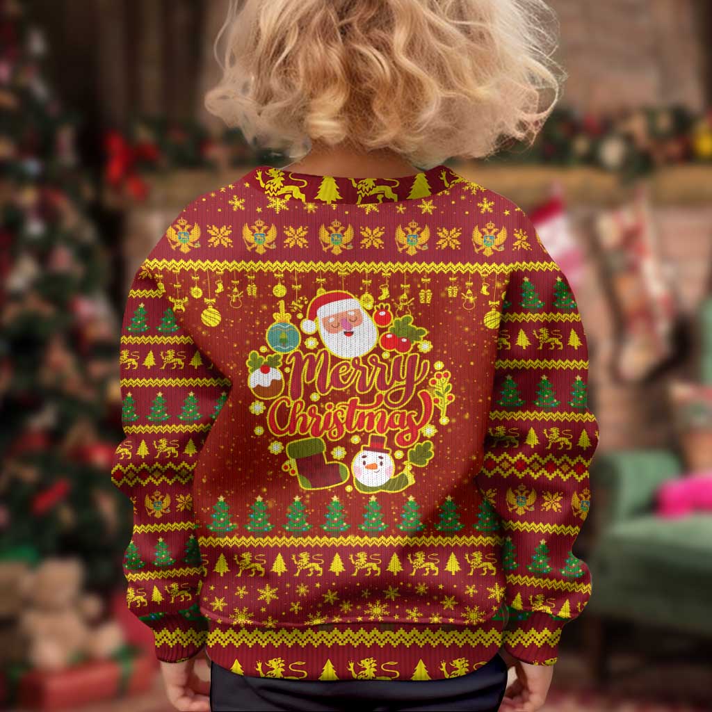 Montenegro Christmas Kid Ugly Christmas Sweater with Red-Gold Theme, Double-Headed Eagle, and Santa Motif - Wonder Print Shop