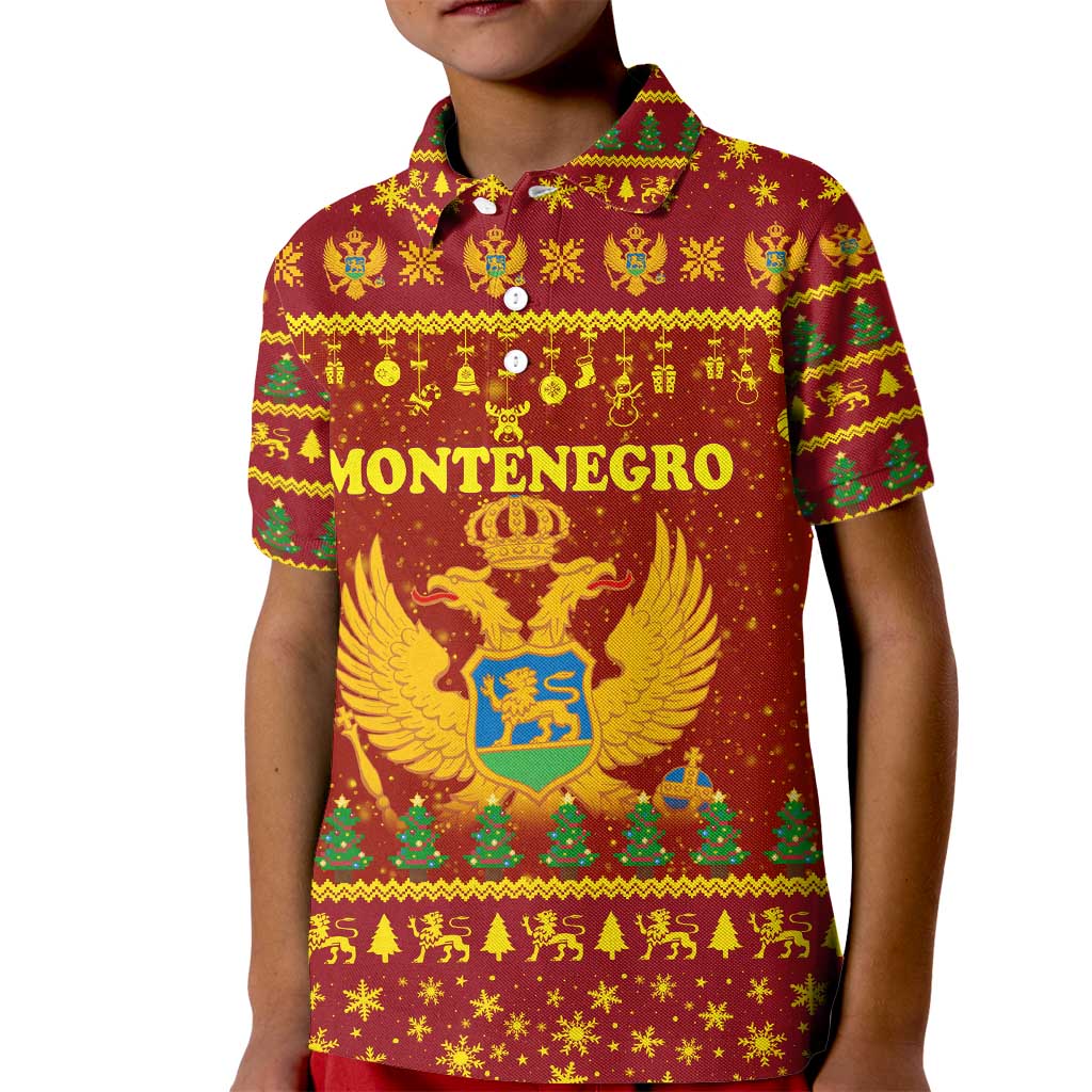 Montenegro Christmas Kid Polo Shirt with Red-Gold Theme, Double-Headed Eagle, and Santa Motif - Wonder Print Shop