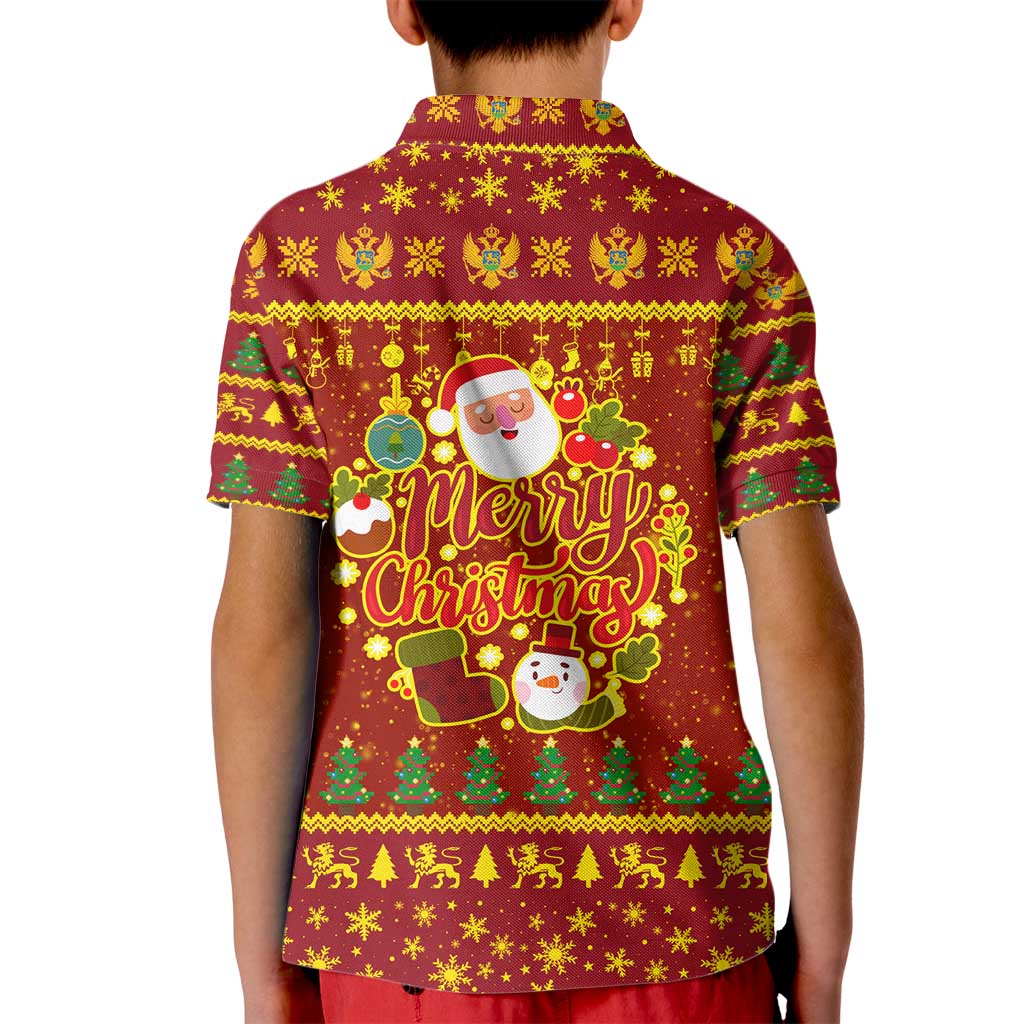 Montenegro Christmas Kid Polo Shirt with Red-Gold Theme, Double-Headed Eagle, and Santa Motif - Wonder Print Shop