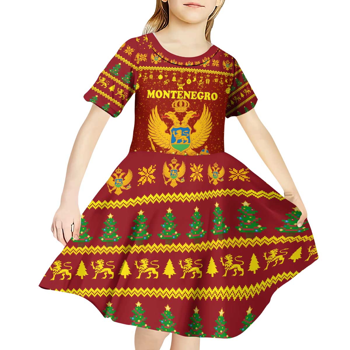 Montenegro Christmas Kid Short Sleeve Dress with Red-Gold Theme, Double-Headed Eagle, and Santa Motif - Wonder Print Shop