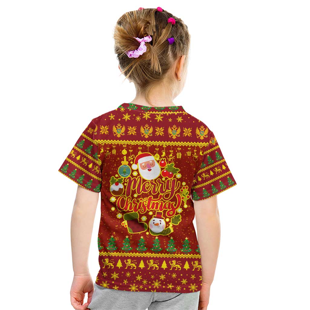 Montenegro Christmas Kid T Shirt with Red-Gold Theme, Double-Headed Eagle, and Santa Motif - Wonder Print Shop