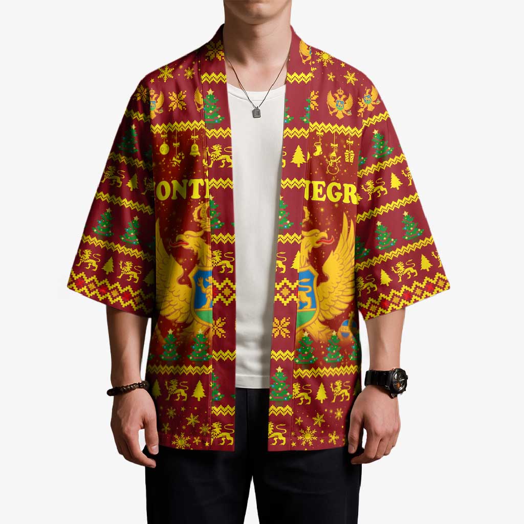 Montenegro Christmas Kimono with Red-Gold Theme, Double-Headed Eagle, and Santa Motif - Wonder Print Shop