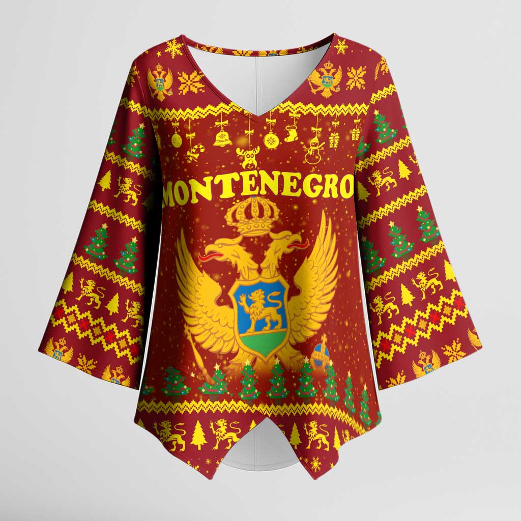 Montenegro Christmas Kimono Sleeve Blouse with Red-Gold Theme, Double-Headed Eagle, and Santa Motif - Wonder Print Shop