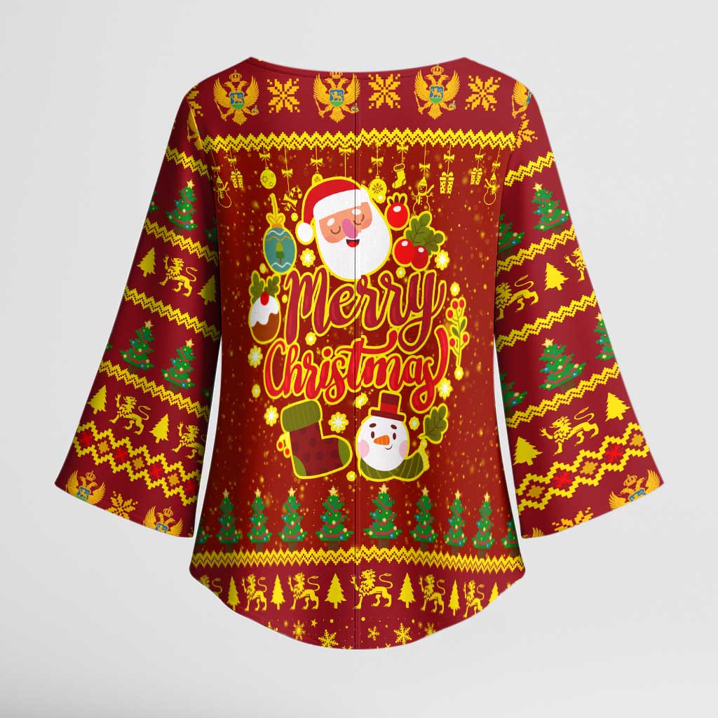 Montenegro Christmas Kimono Sleeve Blouse with Red-Gold Theme, Double-Headed Eagle, and Santa Motif - Wonder Print Shop