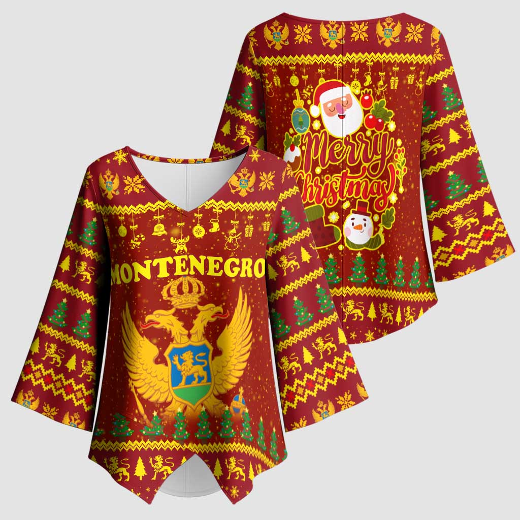 Montenegro Christmas Kimono Sleeve Blouse with Red-Gold Theme, Double-Headed Eagle, and Santa Motif - Wonder Print Shop