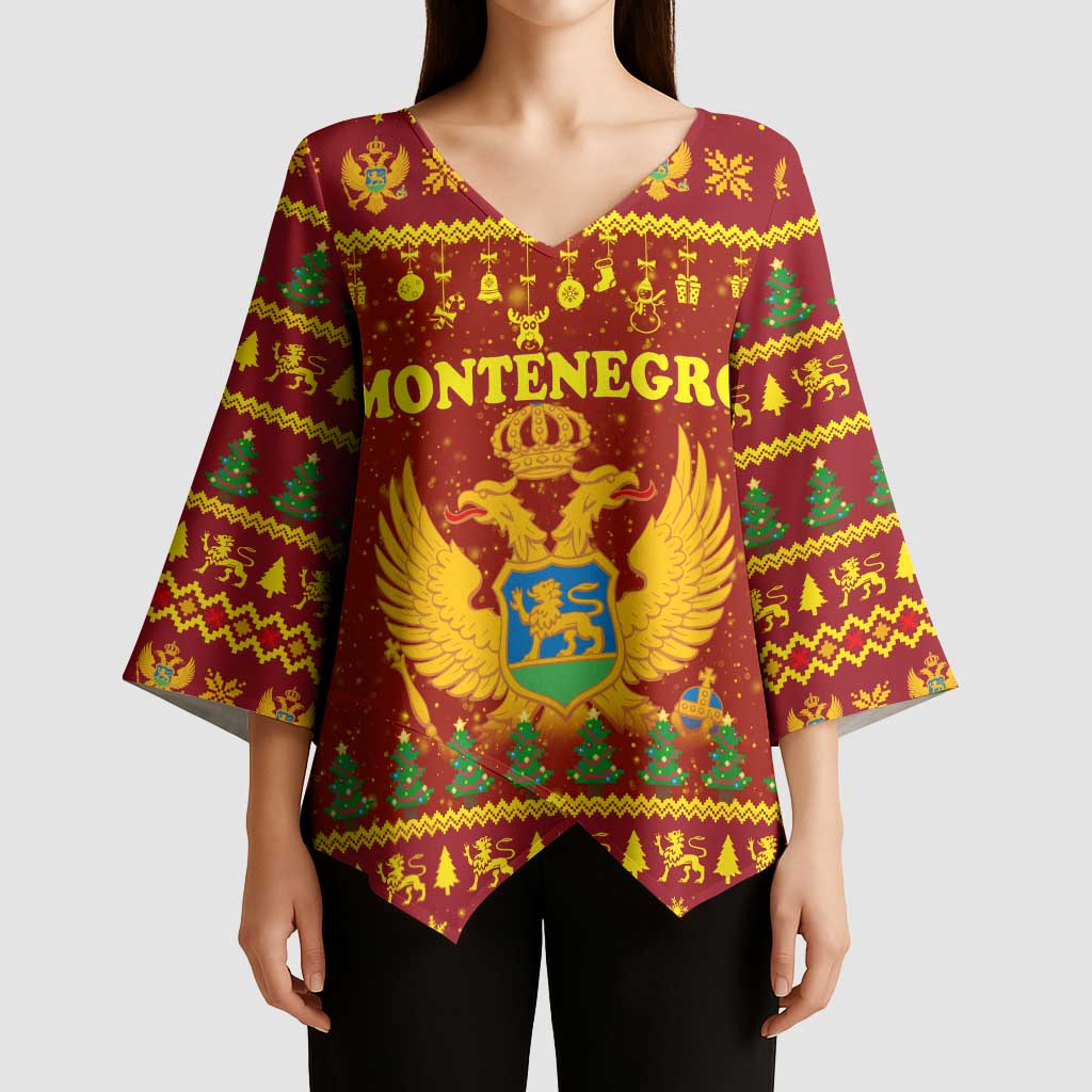 Montenegro Christmas Kimono Sleeve Blouse with Red-Gold Theme, Double-Headed Eagle, and Santa Motif - Wonder Print Shop
