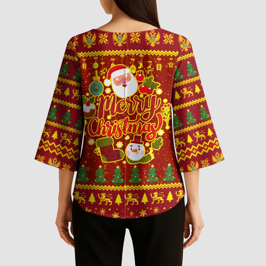 Montenegro Christmas Kimono Sleeve Blouse with Red-Gold Theme, Double-Headed Eagle, and Santa Motif - Wonder Print Shop