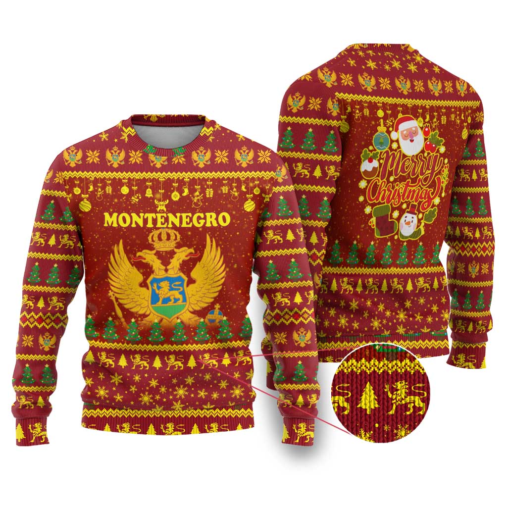 Montenegro Christmas Ugly Christmas Sweater with Red-Gold Theme, Double-Headed Eagle, and Santa Motif - Wonder Print Shop