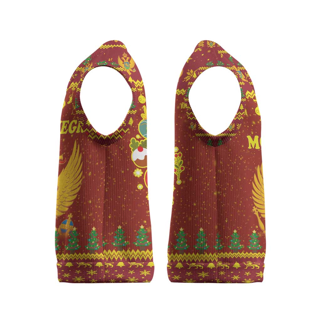 Montenegro Christmas Knitted V-Neck Vest with Red-Gold Theme, Double-Headed Eagle, and Santa Motif - Wonder Print Shop