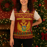 Montenegro Christmas Knitted V-Neck Vest with Red-Gold Theme, Double-Headed Eagle, and Santa Motif - Wonder Print Shop