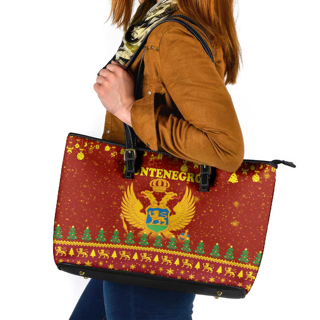 Montenegro Christmas Leather Tote Bag with Red-Gold Theme, Double-Headed Eagle, and Santa Motif - Wonder Print Shop