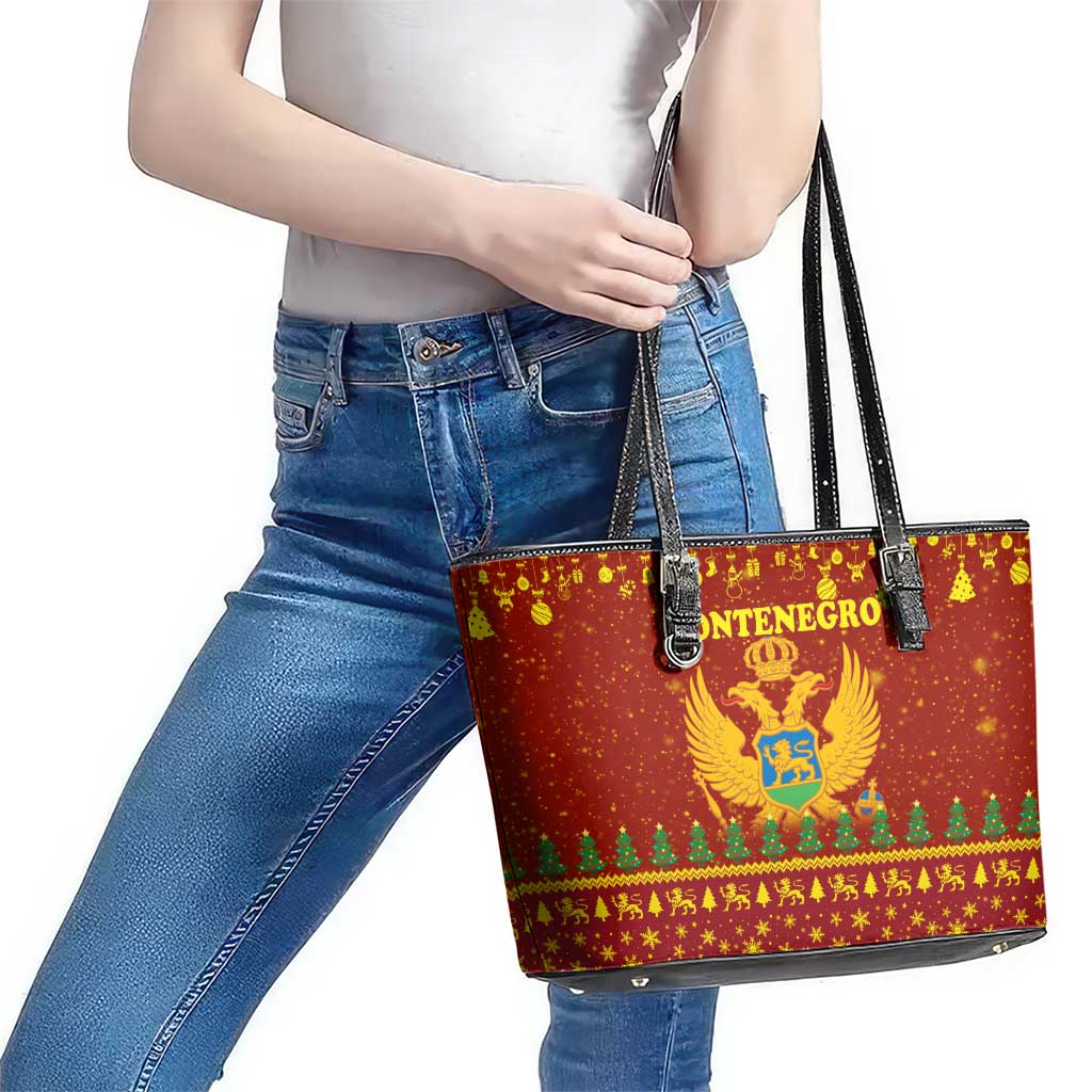 Montenegro Christmas Leather Tote Bag with Red-Gold Theme, Double-Headed Eagle, and Santa Motif - Wonder Print Shop