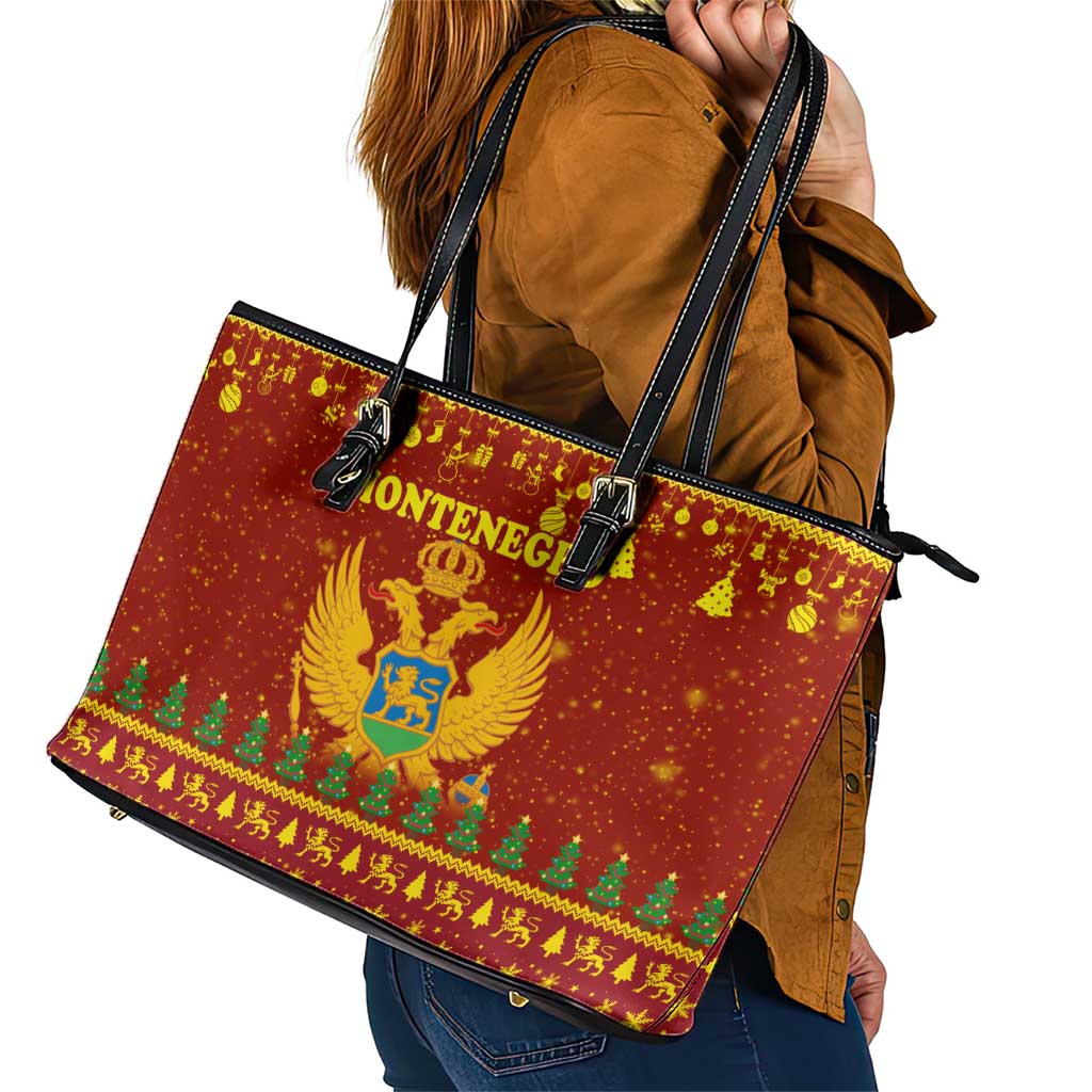 Montenegro Christmas Leather Tote Bag with Red-Gold Theme, Double-Headed Eagle, and Santa Motif - Wonder Print Shop