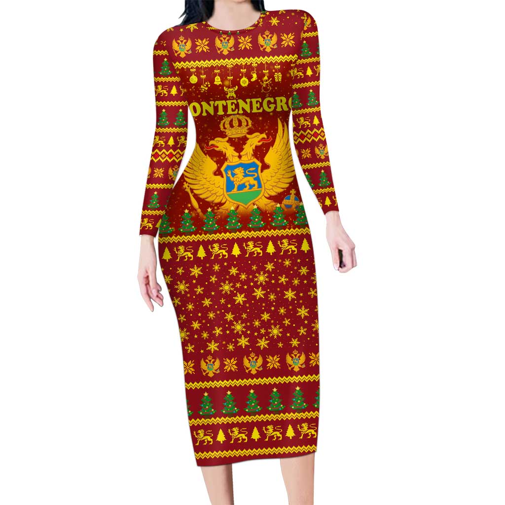 Montenegro Christmas Long Sleeve Bodycon Dress with Red-Gold Theme, Double-Headed Eagle, and Santa Motif - Wonder Print Shop